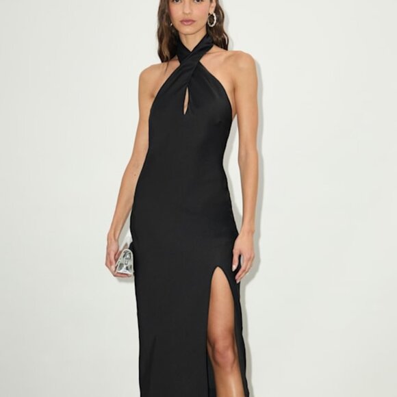 Lulus Beyond Classy Black Satin Halter Midi Dress - Size M - Picture 1 of 1